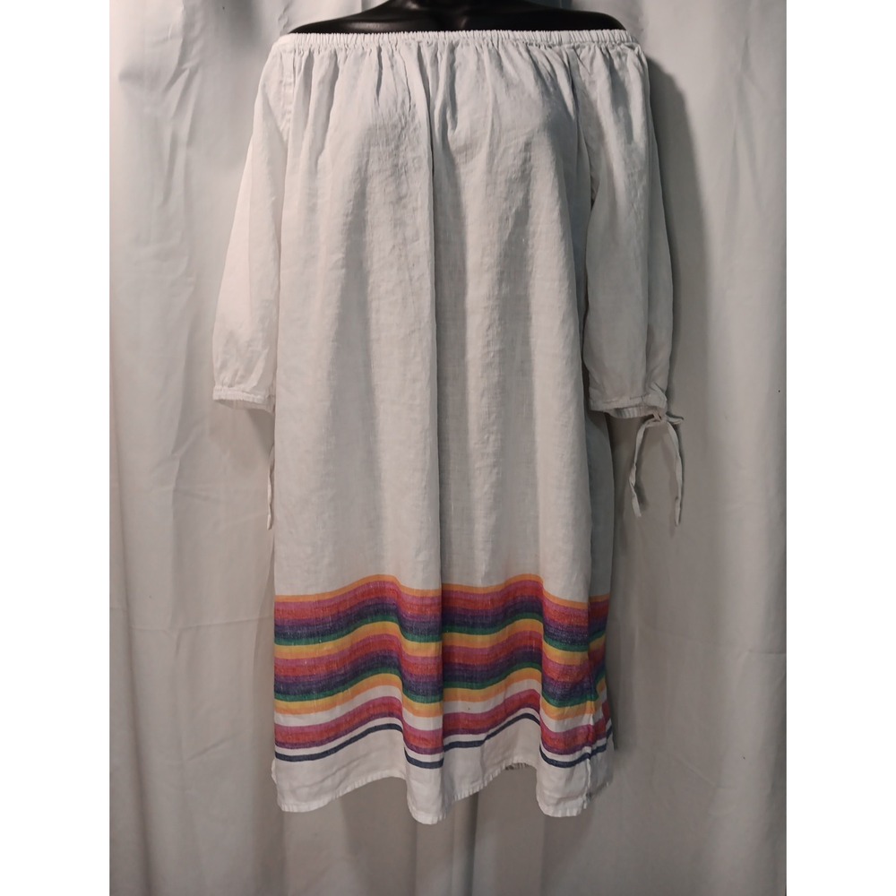 J. Crew Womens Linen Cotton‎ Y2k White  Rainbow Striped Dress  Off Shoulder Boho
